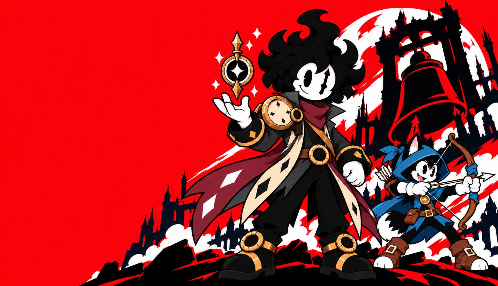 BLACKBELL key art: a rubber-hose cartoon hero with a curly black mop of hair raises a glowing compass charm, a hooded cat archer beside him, under a giant black bell on a red sky.