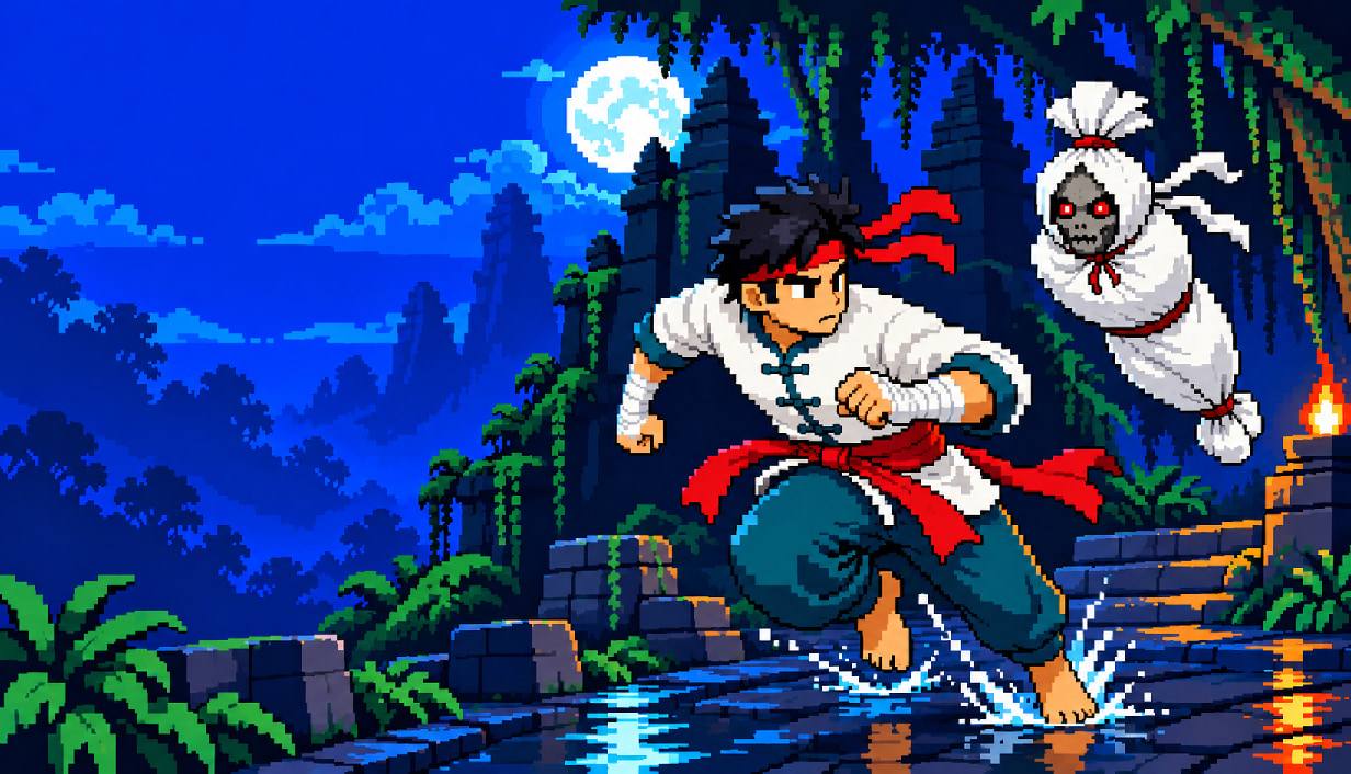 NISKALA key art in pixel art: a young silat fighter in white with a red sash runs across flooded temple stones at night, chased by a hopping Pocong spirit under a full moon.