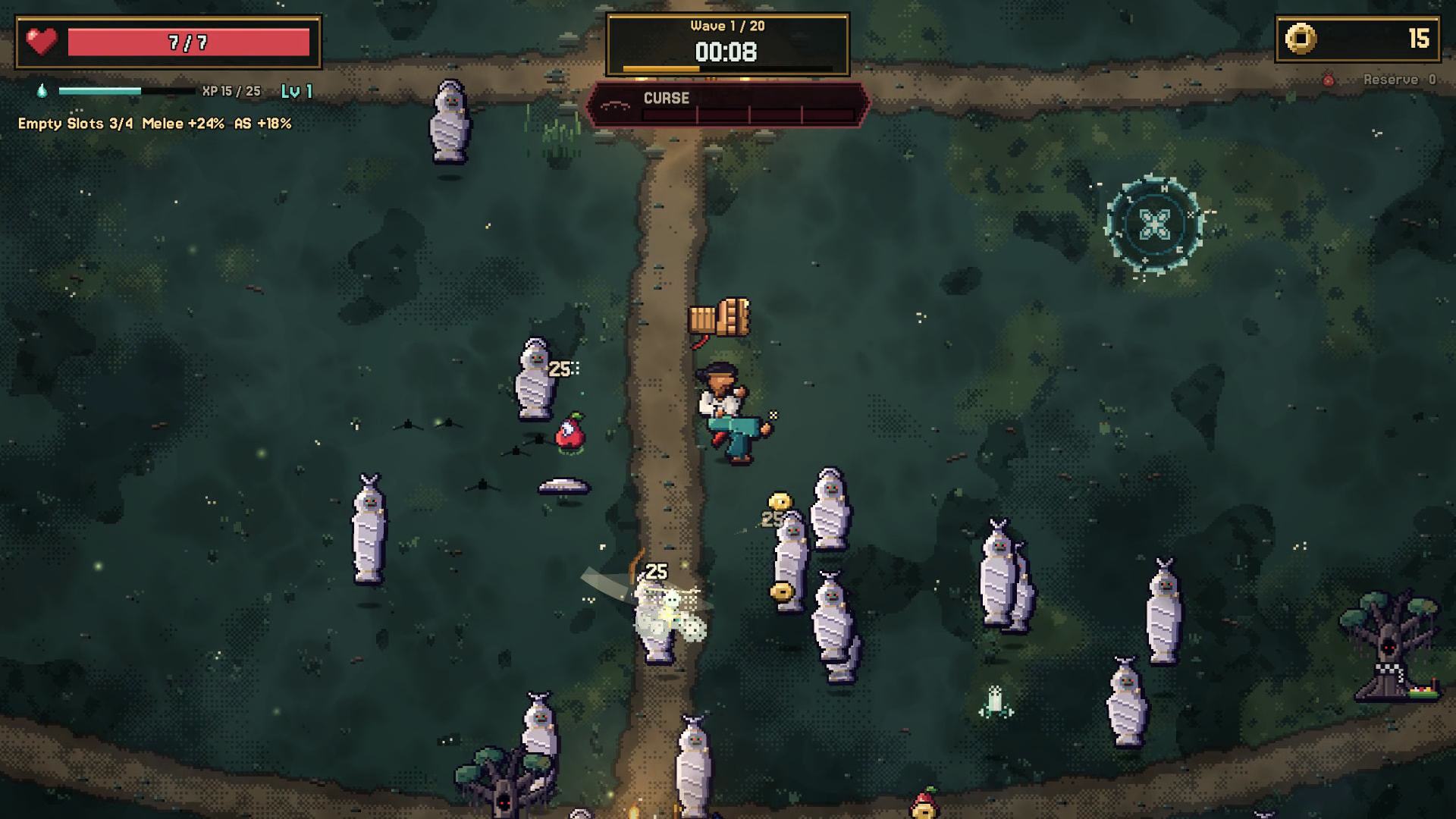 NISKALA wave one: the Fighter on a forest path surrounded by Pocong spirits.