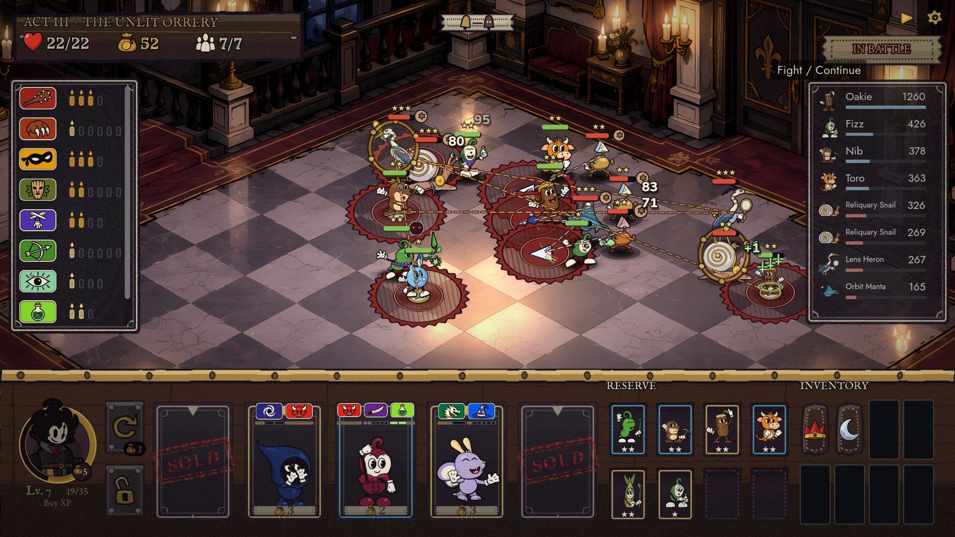 BLACKBELL Act III battle on a checkered ballroom floor, red attack telegraphs around a full company of cartoon units.