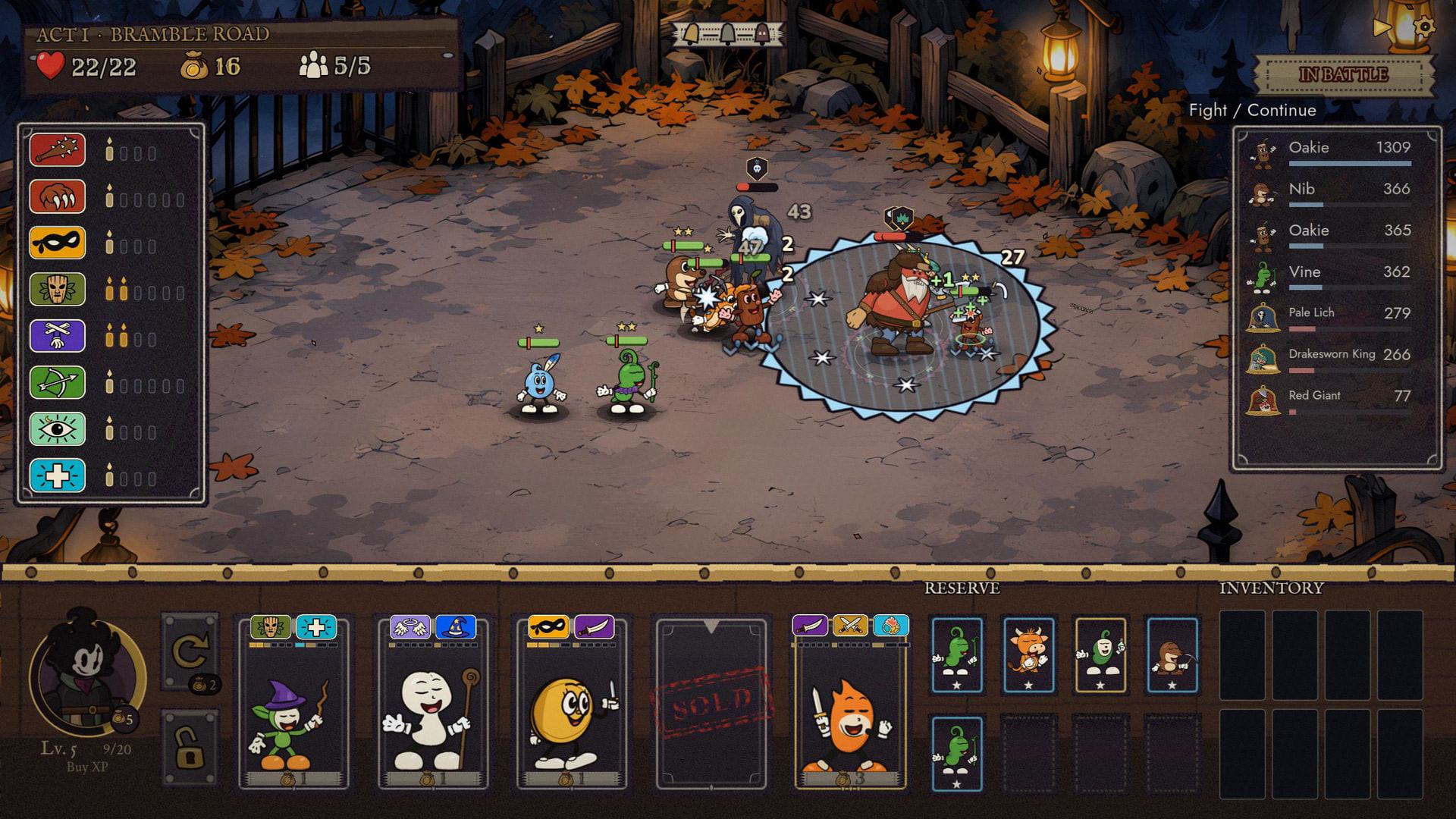 BLACKBELL Act I boss fight on an autumn road, a frost ring marking the boss attack.