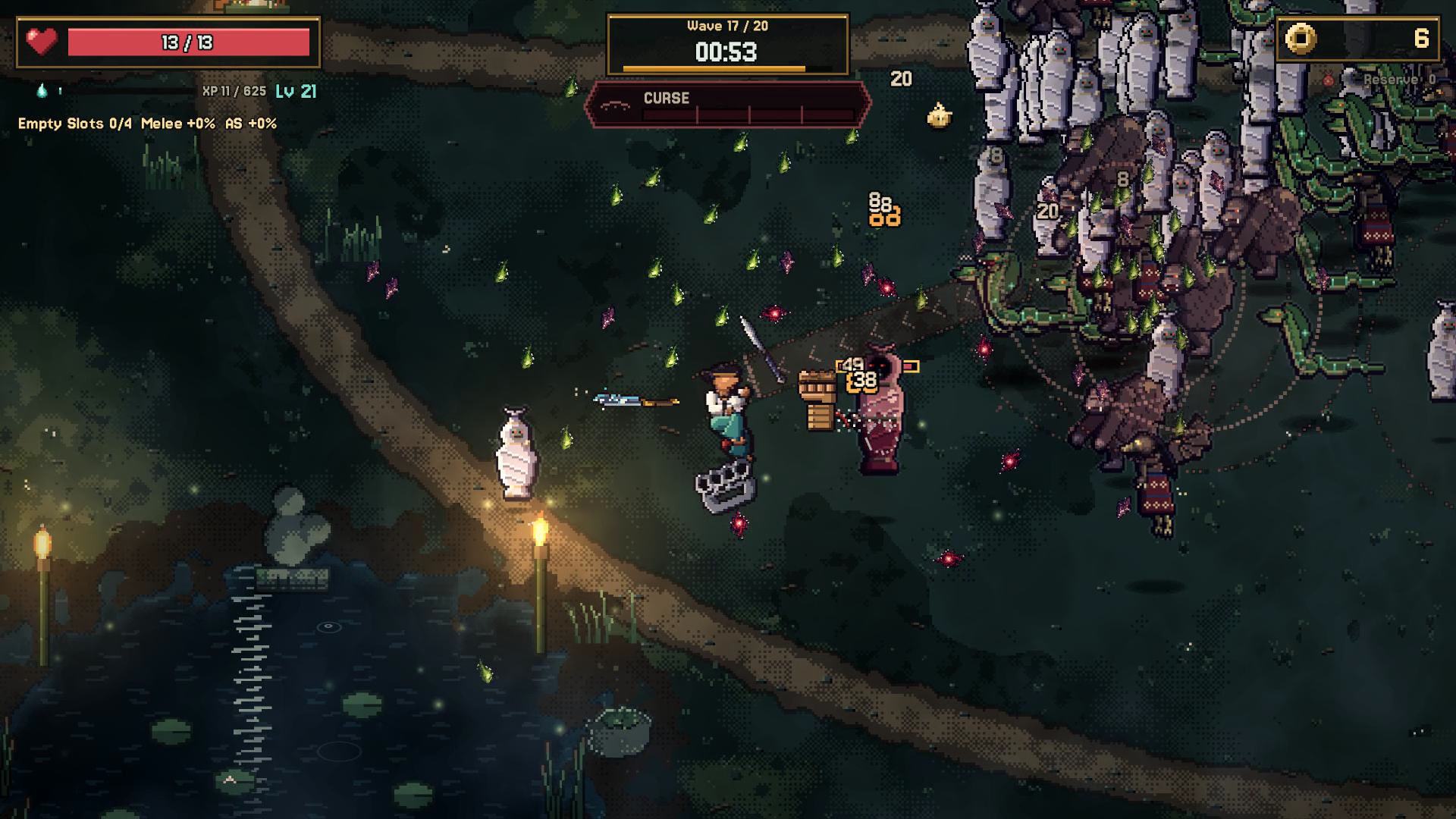 NISKALA wave seventeen: a dense horde closes in on the Fighter beside a lantern-lit path.