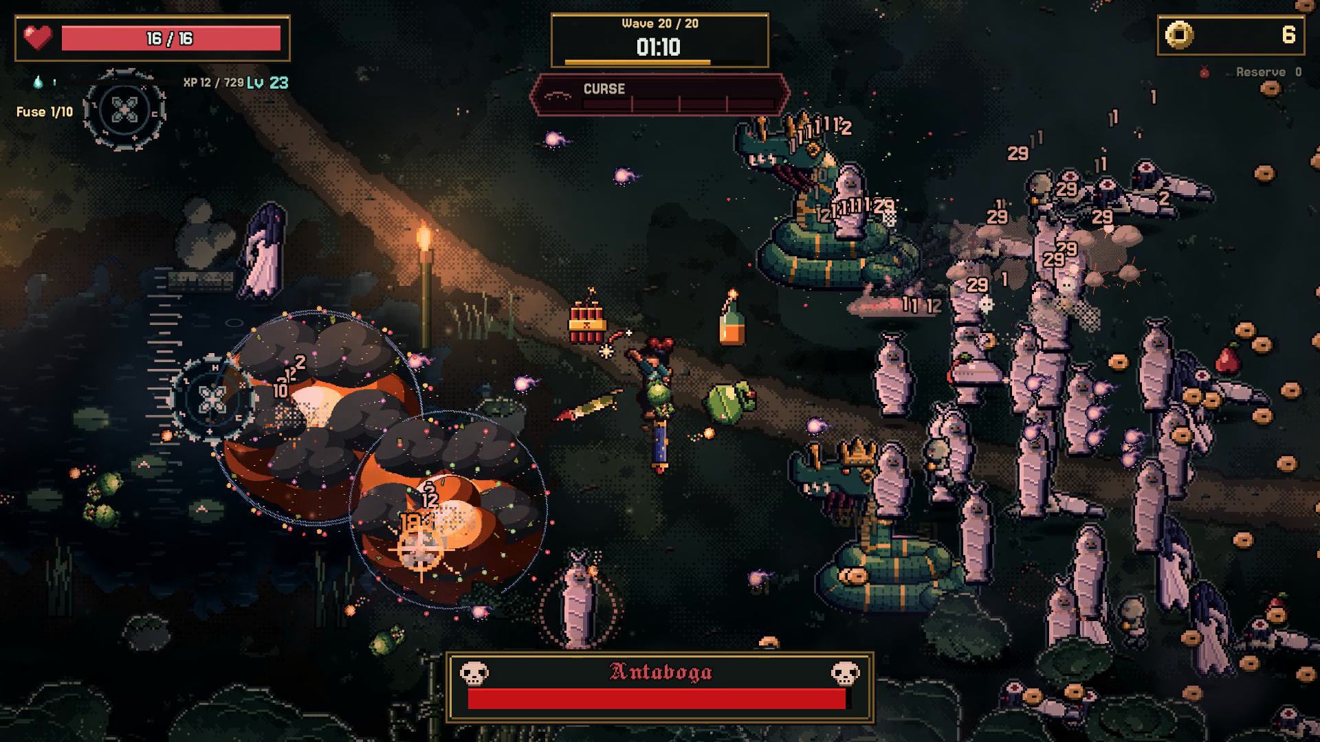 NISKALA boss fight against Antaboga, crowned serpent bodies coiling through the horde.