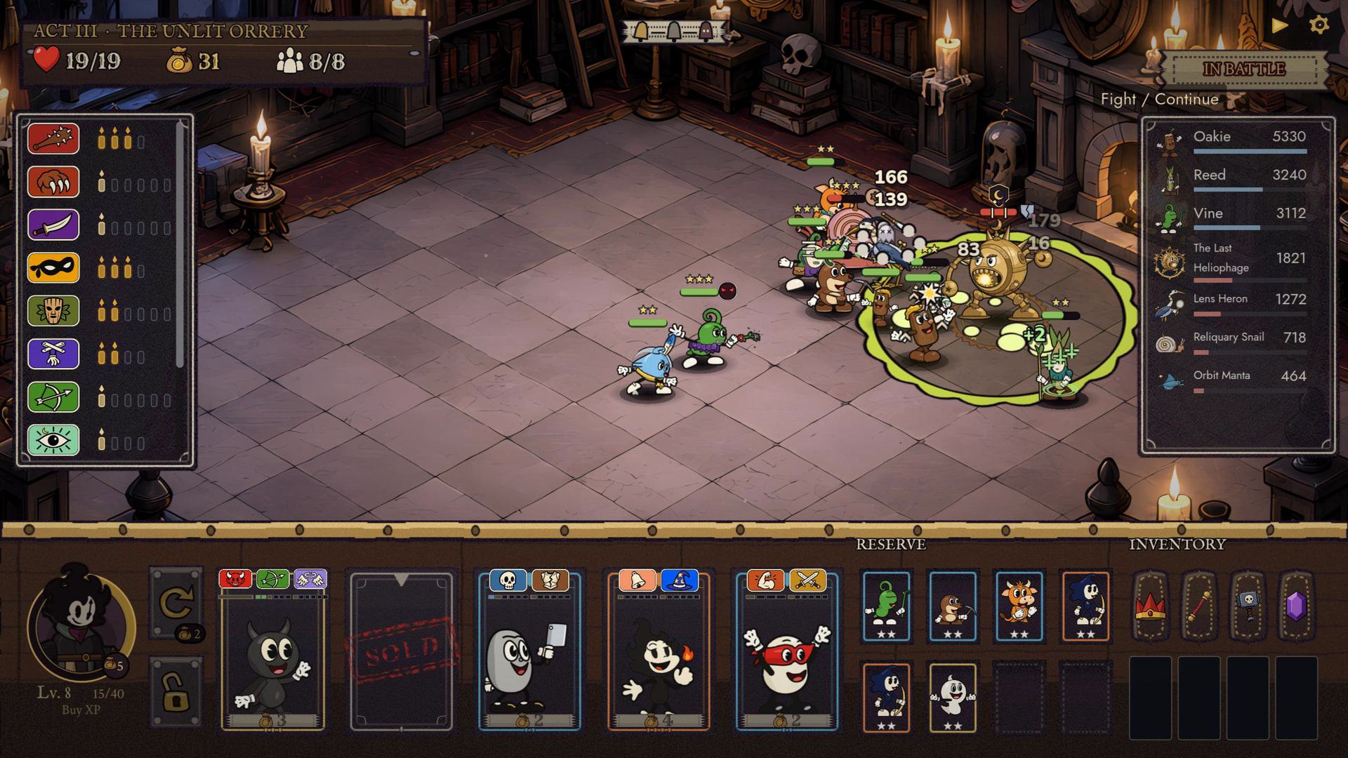 BLACKBELL Act III boss encounter inside a candlelit library.