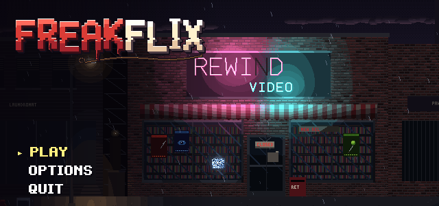 The FREAKFLIX title screen: the neon REWIND VIDEO sign glowing pink and teal over a rainy storefront at night.
