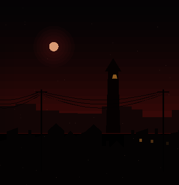 From the SEKTE title screen: a blood-red moon over a dark town, a lone bell tower and sagging power lines.